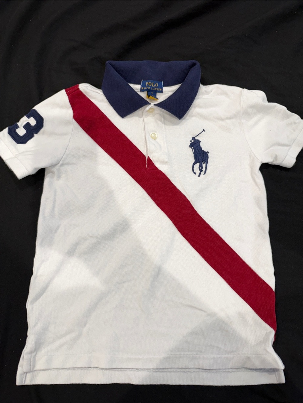 Polo by Ralph Lauren White Polo with Red Diagonal Stripe and Navy Collar